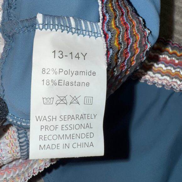 Teen Swimsuit Size 13-14 Blue Halter Neck Tie Contrast Woven Trim  2 Piece - Picture 6 of 6